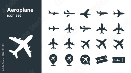 Aeroplane icon set with different aircraft silhouettes for aviation and transportation design