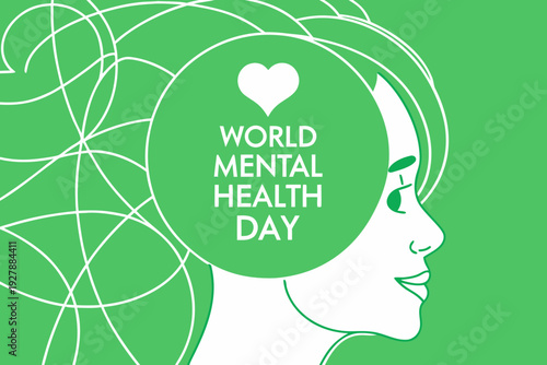 Minimalist vector graphic illustration celebrating world mental health day with a woman's profile and positive mindful thinking design concept
