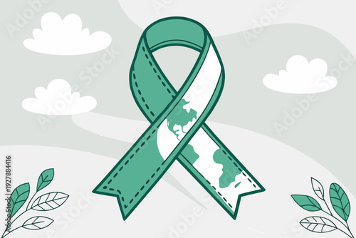 "Green Awareness Ribbon – Global Ecology & Sustainability Vector Symbol of Unity and Hope"