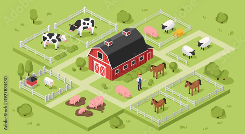 Farm Scene with Animals and Barn.