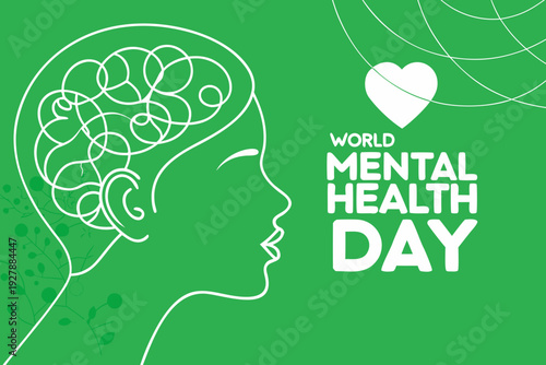 Vector graphic illustration celebrating world mental health day featuring a stylized profile of a head with abstract brain contours and a prominent heart symbol