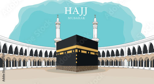Hajj Mubarak illustration with Holy Kaaba and Masjid al-Haram mosque in Makkah