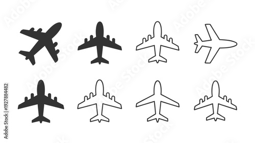 Airplane silhouette icons set showing different aircraft shapes for aviation and travel