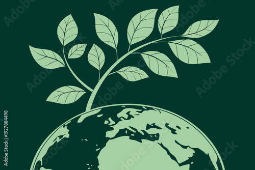 Minimalist vector illustration graphic depicting a vibrant green sapling growing strongly from the top of the earth symbol for global sustainability concepts