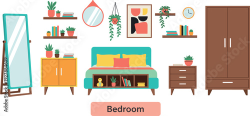 Modern bedroom furniture collection in flat style with bed wardrobe mirror and decor elements