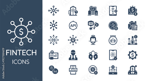 Fintech technology icons set representing digital finance banking payment and financial technology