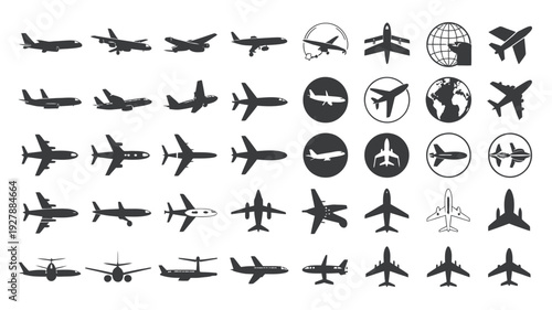 Airplane silhouette icons collection showing different aircraft views and aviation symbols