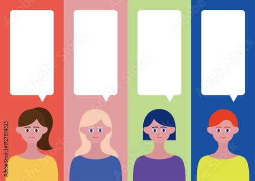 ポップでカラフルな女性と吹き出しのイラストセット1