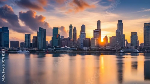 Wallpaper Mural Skyline Of High-rise Buildings At Sunrise Reflecting On Calm Water With Colored Clouds In The Background Serene Cityscape View Usable As Travel Visual Torontodigital.ca
