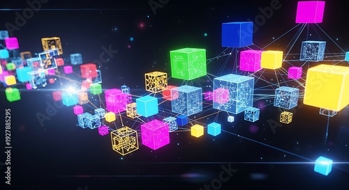 Abstract Network of Colorful Glowing Cubes, Digital Data Connection, Futuristic Technology
