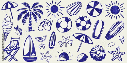 Blue line drawing of summer vacation icons including palm trees sun beach balls and seashells