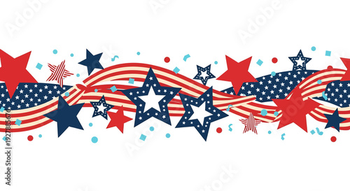 Horizontal seamless border with red and white striped ribbons, navy blue ribbons with white polka dots, and various red, navy, and light blue stars and confetti isolated on White Background