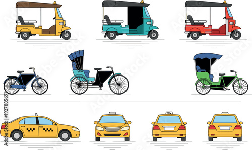 South Asian transport set with auto rickshaw cycle rickshaw and taxi cab illustrations
