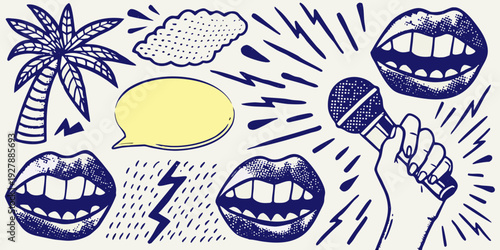 Whimsical illustration featuring lips palm tree sun lemon lightning and microphone elements