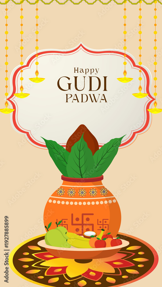 Naklejka premium Happy Gudi Padwa Orange and Green Illustrated Greeting Story