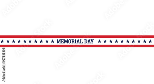 Horizontal red and white striped banner with small blue stars and "MEMORIAL DAY" text in dark blue font isolated on White Background