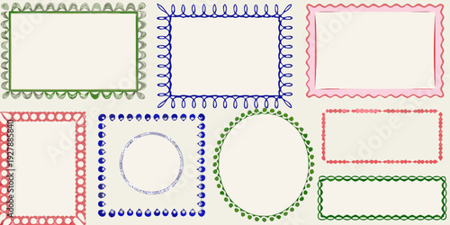 Various decorative borders and frames in different shapes and colors arranged on a light background