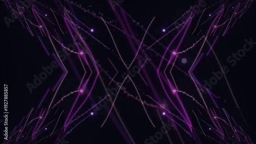 Abstract purple lines and dots forming a symmetrical design on black background.