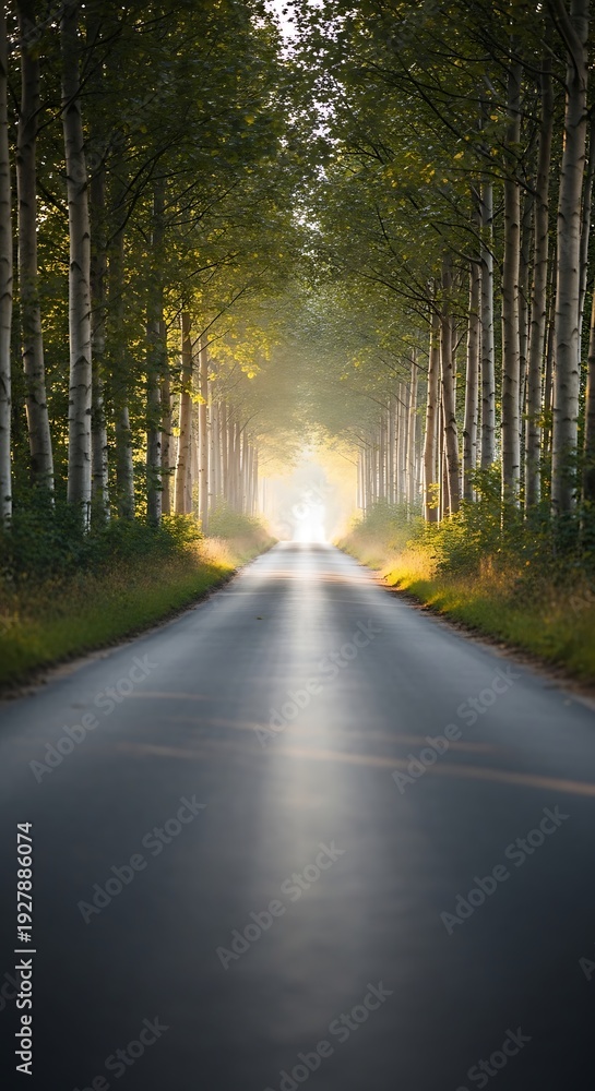 Fototapeta premium Paved road stretching through a dense tree lined forest tunnel sunlight at end