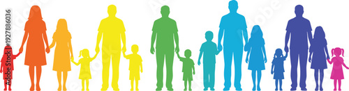 Colorful rainbow family silhouettes featuring parents and children holding hands in a row isolated on white background for diversity and inclusion