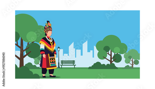 Vibrant woman in traditional attire standing in modern city park