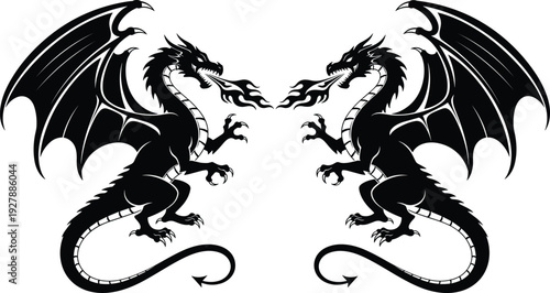 Black-and-white vector silhouette illustration of two symmetrical dragons facing each other, breathing fire, symbolizing fantasy, mythology, confrontation, and heraldic design themes