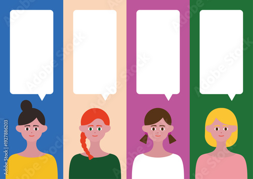 ポップでカラフルな女性と吹き出しのイラストセット2