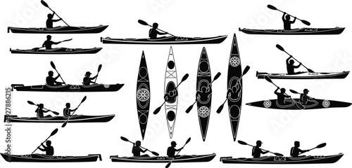 Black-and-white vector silhouette illustration of single and tandem kayaks with paddlers in varied positions, symbolizing water sports, adventure, recreation, and outdoor lifestyle