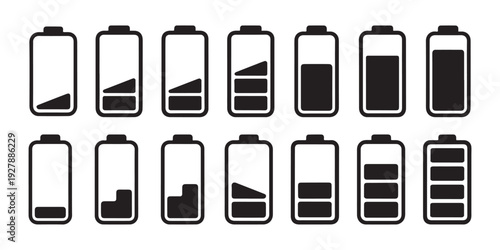 Collection of Battery Icons. Full to Empty Levels, Power Indicator Symbols, Energy Status Indicators, Rechargeable Power.