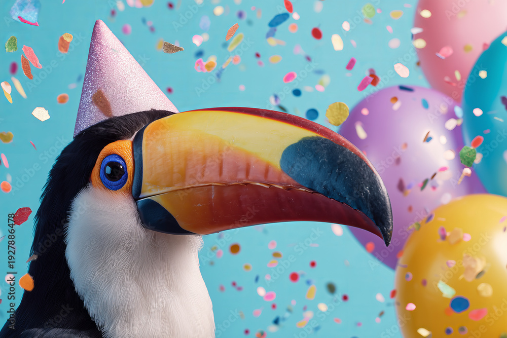 Obraz premium Funny toucan bird wearing hat with happy birthday balloons, hat and confetti explosion flying around greeting card on pastel blue background.