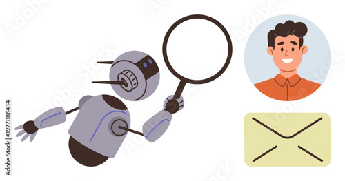 Artificial intelligence, data analysis, digital communication, email processing, user recognition, tech workflow. A robot holds a magnifying glass near a person icon and an envelope. AI-driven