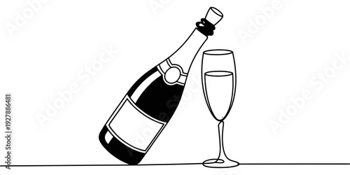 Black and white line drawing of a champagne bottle and a filled flute glass on a table.