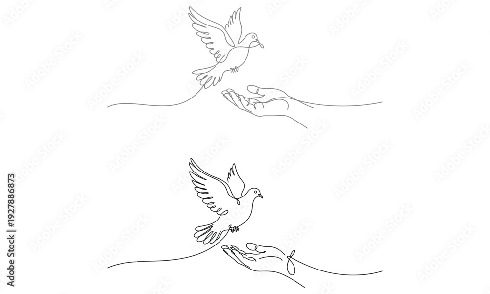 Fototapeta premium Hand releasing dove line art peace concept illustration