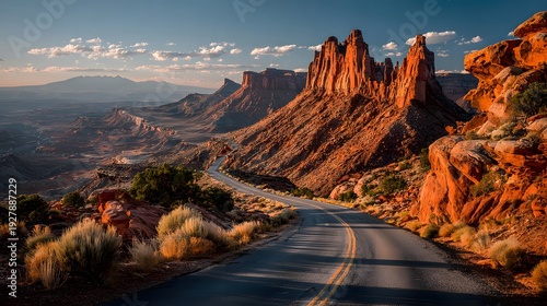 Iconic winding asphalt highway slicing right through a dramatic desert canyon landscape bathed in breathtaking golden hour lighting shadows.