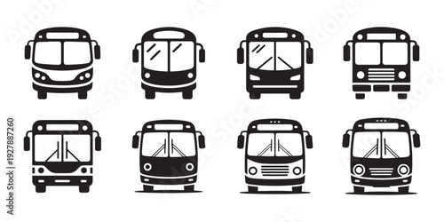 Collection of Bus Front Icons. Modern and Classic Designs for Transportation Concepts.