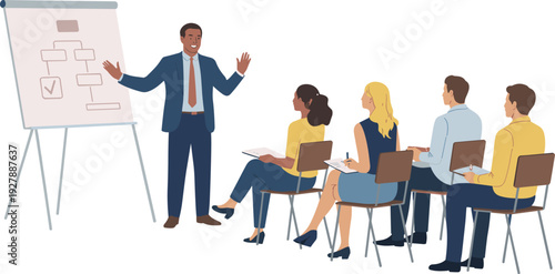 Business training presentation scene, manager explaining workflow on flipchart to team, corporate seminar meeting concept, flat vector illustration