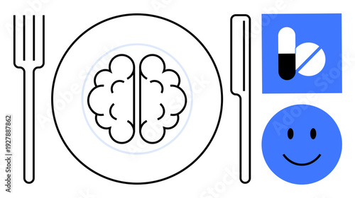 Mental health concept. Mental health linked to diet focusing on brain health and nutrition. Mental health awareness shows the role of food and medication. For therapy, wellness