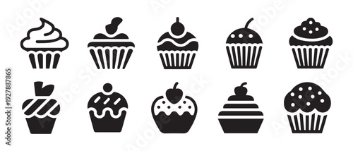 Cupcake Icon Set. Diverse Styles and Decorations for Sweet Treats and Baking Graphics.