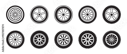 Collection of Car Wheels and Tires Icons, Graphic Design Elements for Automotive Industry and Transportation Concepts.