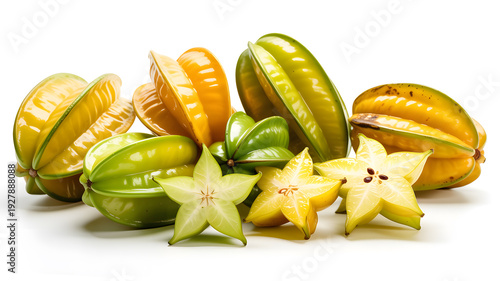 A vibrant display of starfruit in various stages of ripeness and preparation