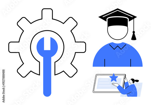 Online learning, graduation, skill building, certification, education tools, workforce development. Gear with wrench, graduate icon certificate being granted. Online learning and graduation