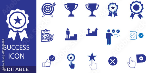 Collection of blue success icons including awards and achievements
