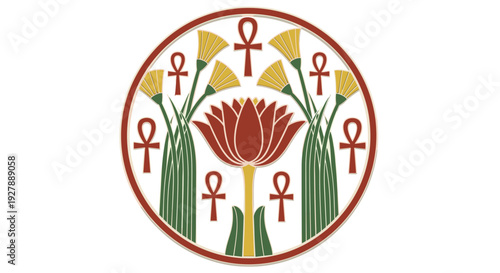Ankh Symbol with Lotus Flower Illustration.
