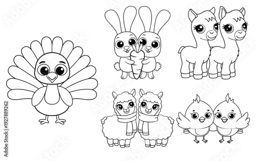Adorable Farm Animals Coloring Page Collection for Kids - Cute Turkey, Bunnies, Llamas, and Birds Outline Illustrations for Children's Books