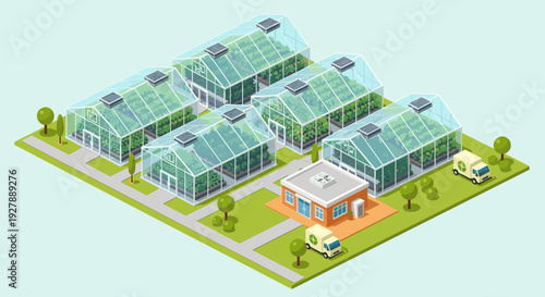 Isometric Greenhouse Farm with Solar Panels.