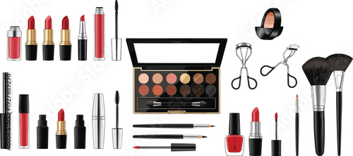 Professional makeup cosmetics collection with lipstick, eyeshadow palette, brushes and beauty tools, glamour accessories illustration isolated on white background