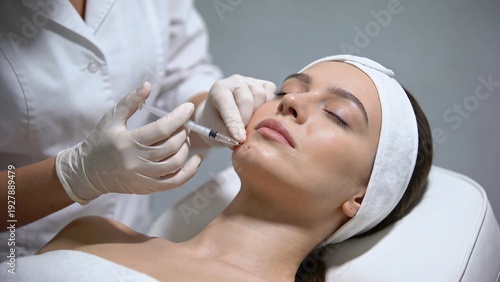 Woman receiving facial injection in clinic