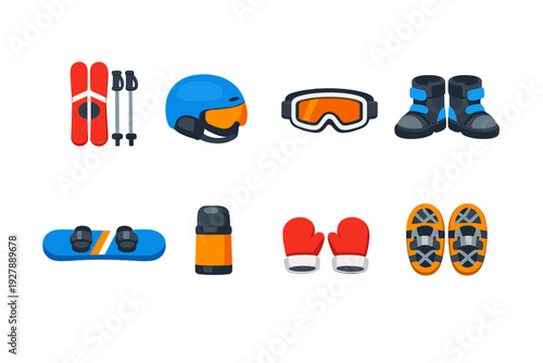 Winter sports equipment collection: skis, snowboard, helmet, goggles, boots, mittens, snowshoes
