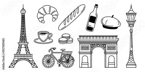 A black and white vector illustration of iconic Parisian landmarks and symbols