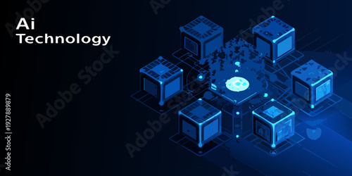Isometric illustration of ai technology with glowing blue network connections